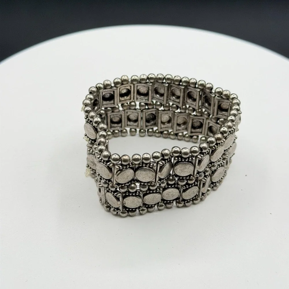 Silver Tone Chunky Stretch Bracelet Geometric Coin Bead Boho Statement Jewelry